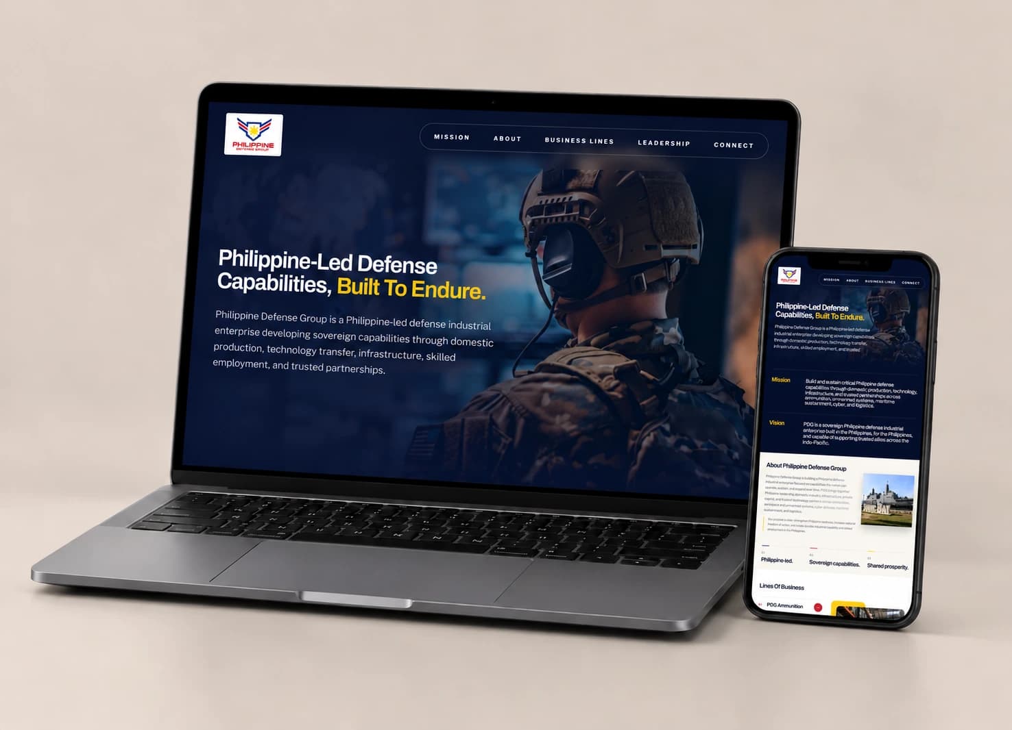 Philippine Defense Group website shown on laptop and phone